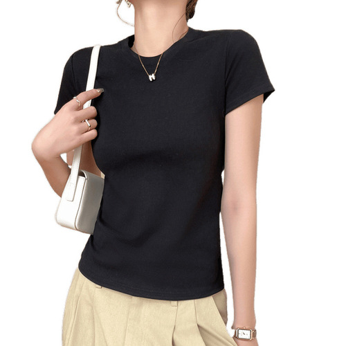 Pure Color Small Round Neck Short Sleeve Women's Spring Summer Outerwear Plus Size Fitted Base Shirt
