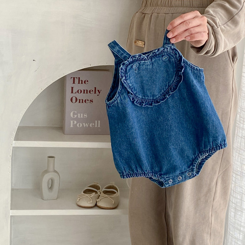INS  summer infant and toddler girl baby denim love carrier bag fart jumpsuit jumpsuit