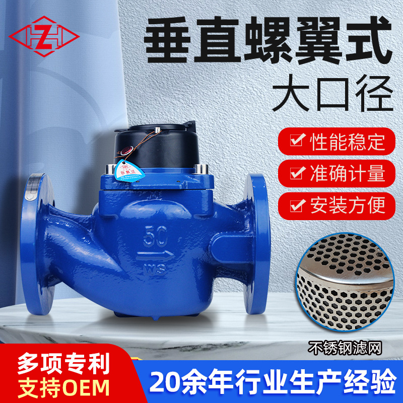 WS垂直螺翼大口径机械水表法兰水平铜芯干式铸铁蓝壳商用水表批发