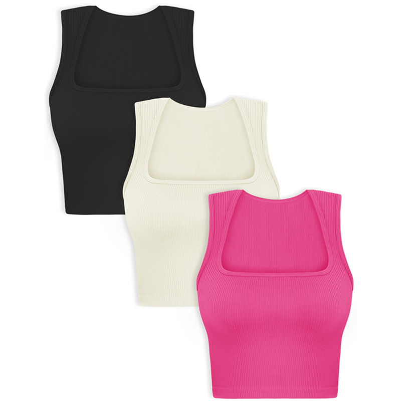 European and American cross-border Amazon Women's navel vest seamless rib square collar tapered shoulder strap sleeveless sports top for women