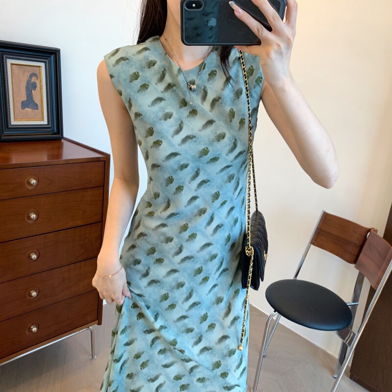 Light if no sense super slim cool cut soft round neck small bag shoulder sleeve dress summer peacock blue Light if no sense super slim cool cut soft round neck small bag shoulder sleeve dress summer peacock blue