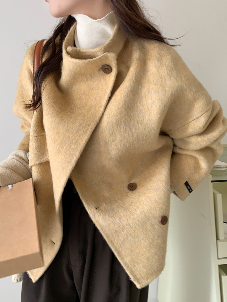 6801 韓国版インスタイルの個性的なデザイン、小柄な女性向けのゆったりとしたスタンドカラーウールコート、25年秋冬新作