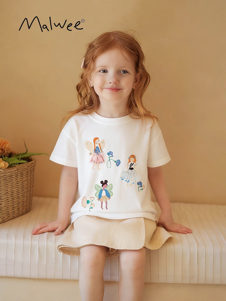 Camiseta de niña malwee transfronteriza verano nuevo cuello redondo de manga corta Europa y América niños de mediana edad camiseta blanca