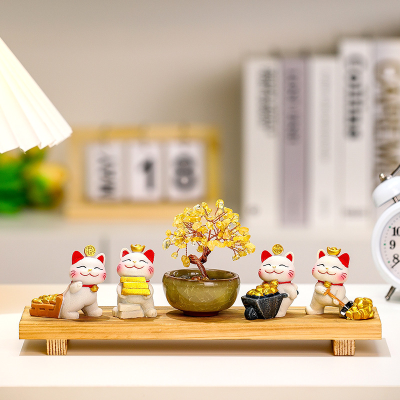 Golden Brick Lucky Cat Living Room Entrance Office Ornaments Natural Crystal Tree Money Tree Housewarming Opening Decorations