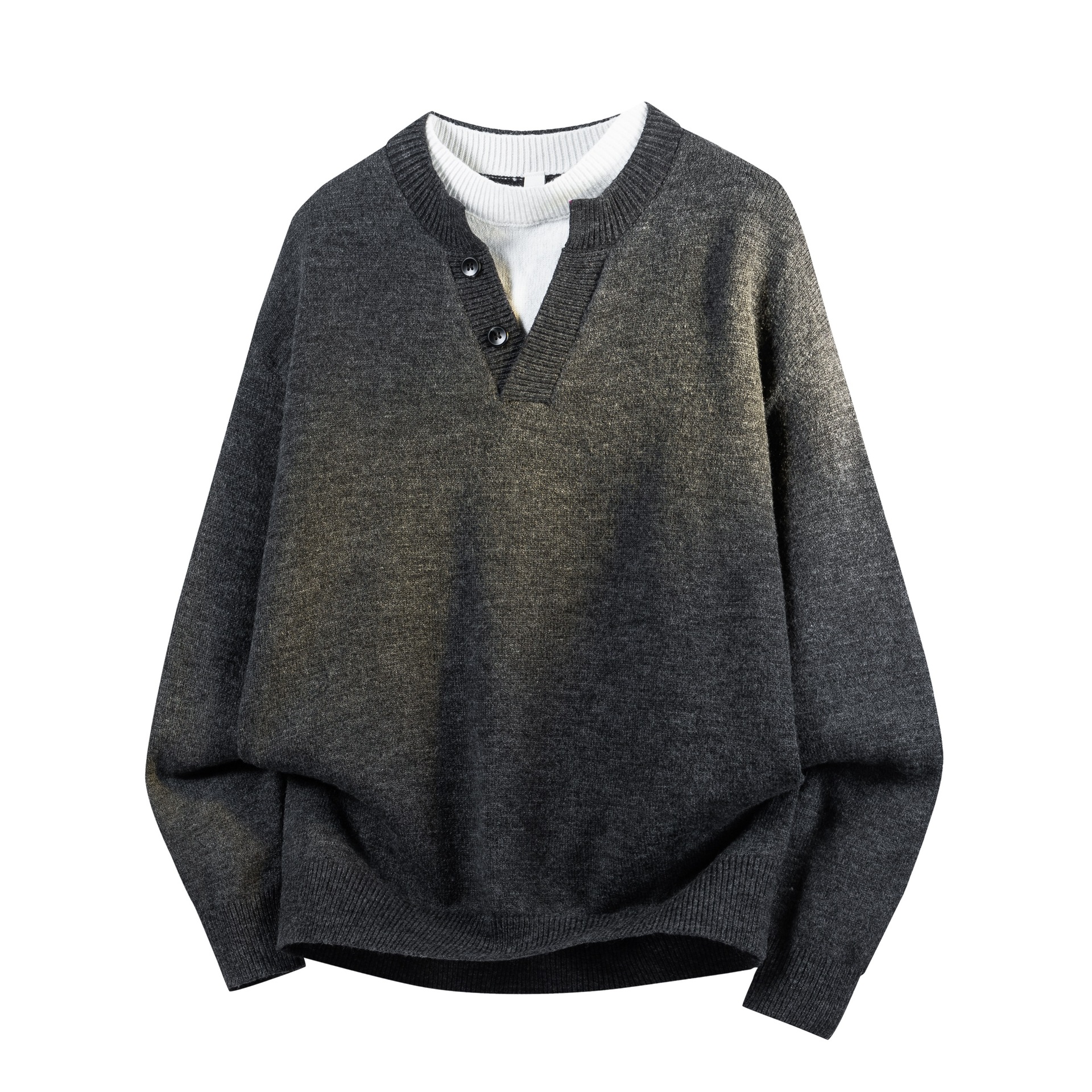 Allin Fake Two-Piece Knitwear Men's Autumn and Winter New Fashion High-End V Neck Retro Warm Loose Knitwear Dark Gray
