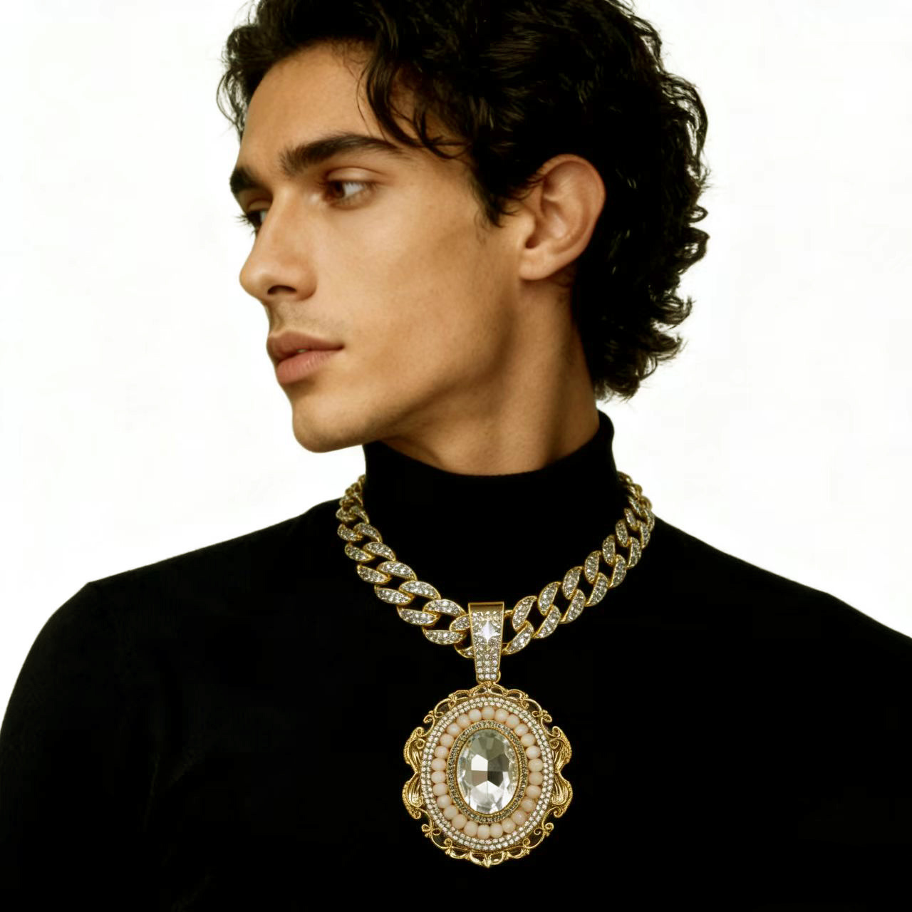 Europa y los Estados Unidos Hip-Hop aleación de diamantes de cadena de Cuba estilo de palacio colgante de gemas elípticas de moda de club nocturno para collar de hombre personalizado