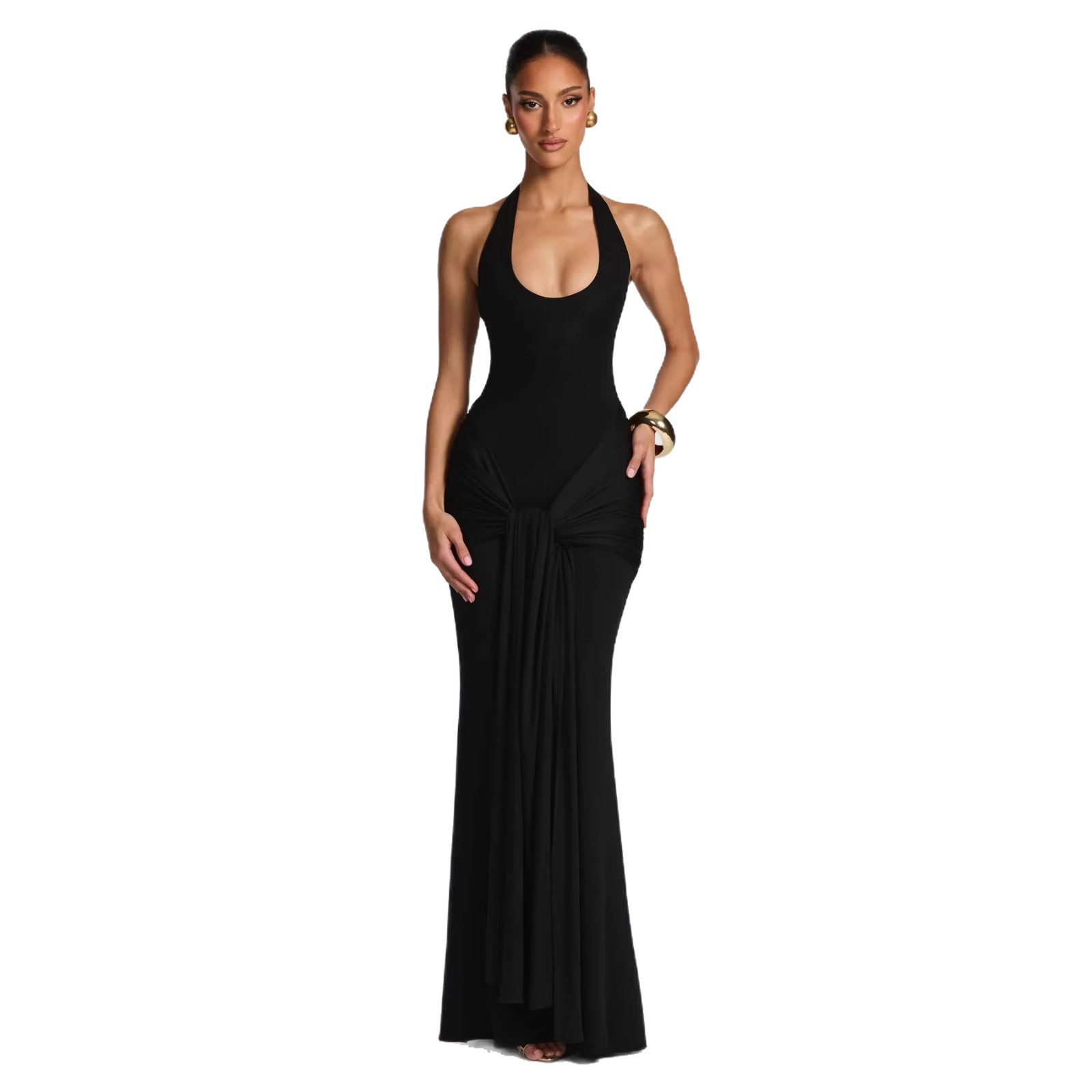 Fronteras europeas y estadounidenses ropa de mujer primavera nueva moda cuello en U cuello colgando cinturón empalmado cinturón delgado vestido de cadera image 6