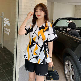 大码女装2026夏季新款胖妹妹200斤韩版系带收腰遮肚显瘦V领雪纺衫