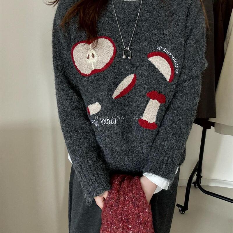 Towel Embroidered Crewneck Apple Pattern Cute Pullover Sweater Women's Autumn and Winter New Korean Style Large Edition Age-reducing Sweater Trendy