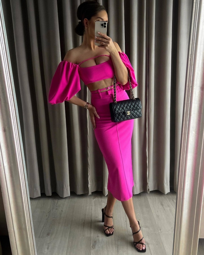 Puff Sleeve Square Collar High Waist low-cut slim solid color top and Skirt Suit NSXDX133347