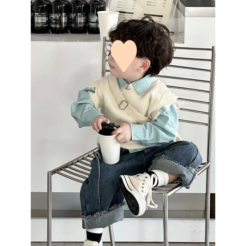 어린이 세트 가을 찢어진 스웨터 블루 셔츠 청바지 3 피스 세트  의 선생 원피스 소년 가을과 겨울