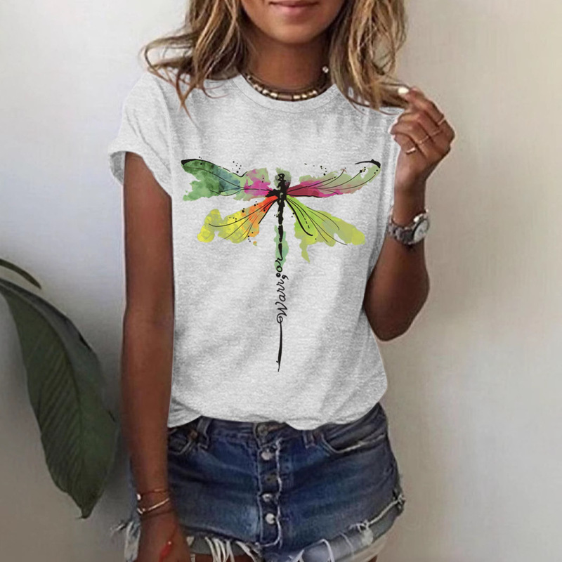 Amazon Tiktok New Women's Clothing Mental Health Fun Dragonfly Pattern Printed Round Neck Short-Sleeved T-Shirt in Stock