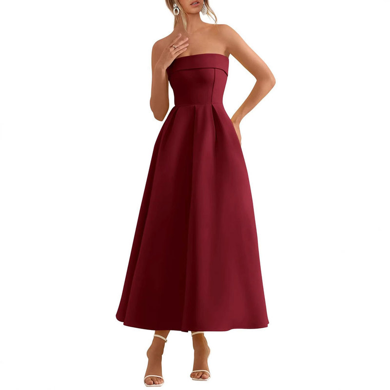Amazon AliExpress Independent Site Foreign Trade Simple Strapless Satin Midi Dress Evening Gown Adult Dress Homecoming Dress