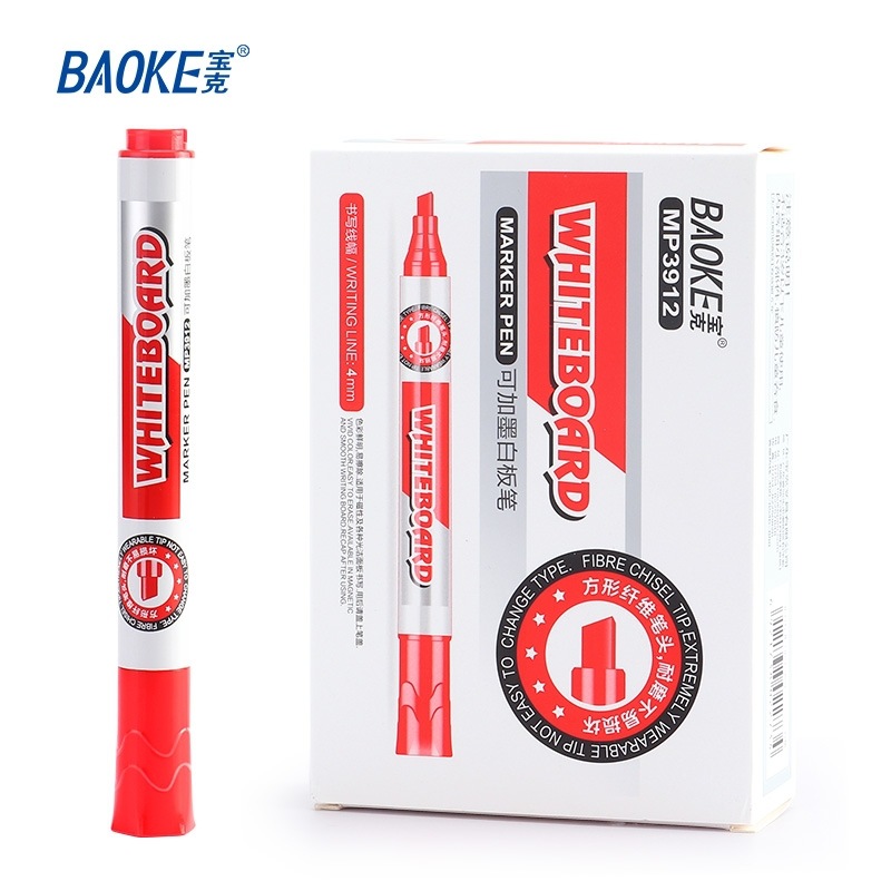 Bolígrafo de pizarra blanca de cabeza cuadrada Baoke MP3912, se puede borrar y agregar tinta, maestro, estudiante, oficina de negocios, bolígrafo de tablero de dibujo negro, rojo y azul