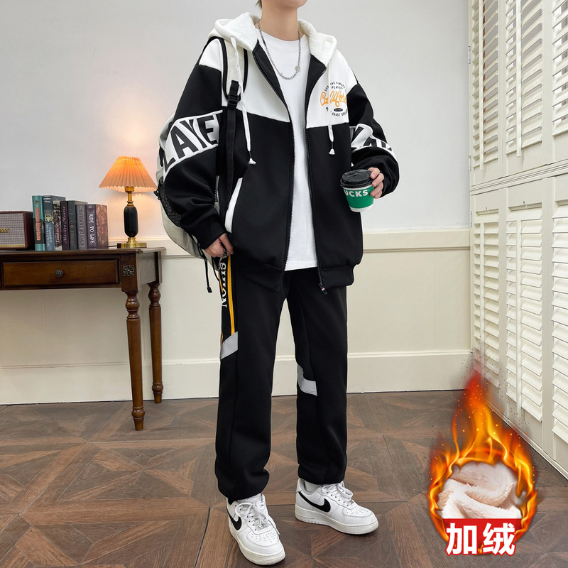 Conjunto de sudadera gruesa con forro polar para hombre, conjunto de dos piezas deportivo informal, cómodo y cálido, con patchwork de moda para otoño e invierno, para adolescentes.