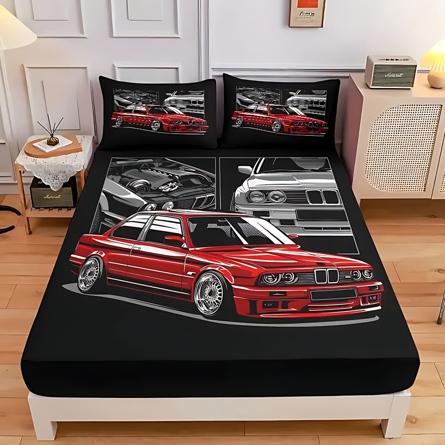 TEMU / JIT Cross-border neon luminoso coche deportivo 3D impresión digital cama gaza pillow kit para dibujar