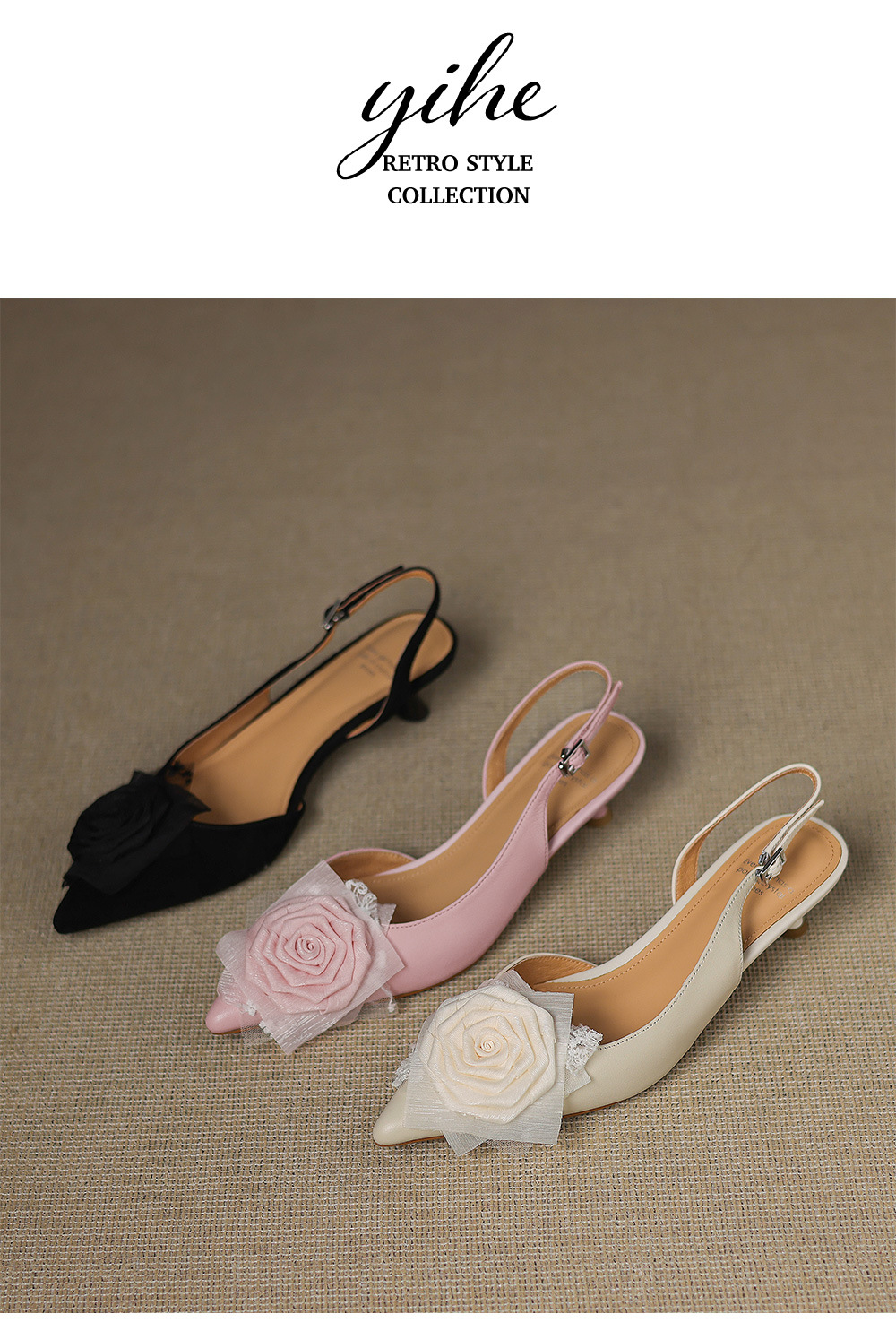 Sandal cao gót nữ hở mũi quai ngang đính hoa, gót 4 cm — Da cừu đen chi tiết 16