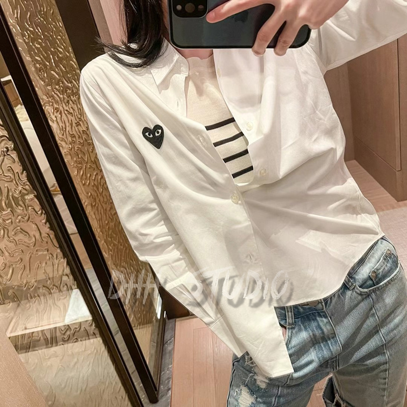 Play Cdg Comme Des Garcons Couple Style Long-Sleeve Shirt with Heart Embroidery, High Quality Cotton Casual Versatile Commuter Inner Wear