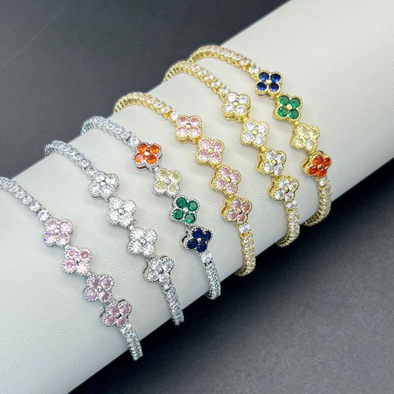 Fashionable Zircon Full Diamond Four-Leaf Clover Flower Tennis Chain Bracelet Cross-Border New Product Light Luxury Cross-Border Hot Sale