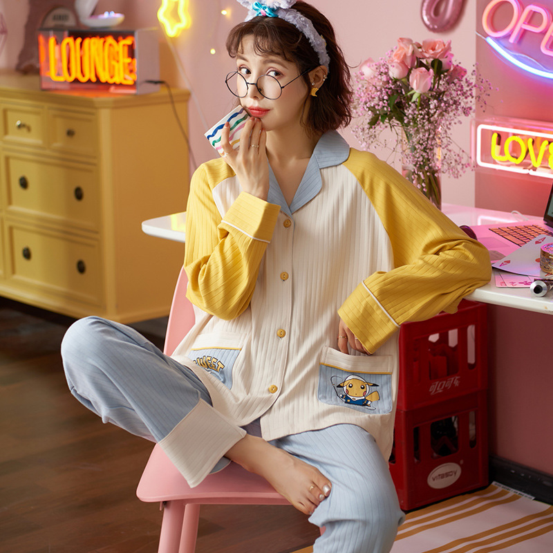 Chubby Girl % algodón más el tamaño de los pijamas de las mujeres de primavera y otoño traje dulce de manga larga cardigan ropa para el hogar de invierno