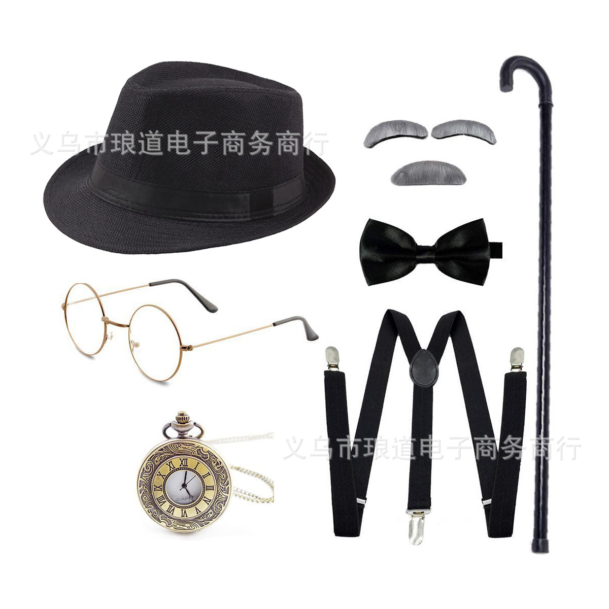 开学100天老爷爷装扮巴拿马爵士礼帽灰色胡子背带领结眼镜怀表