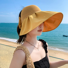 韩版新款帽子女针织网眼蝴蝶结空顶防晒遮阳帽夏季亮片大沿太阳帽