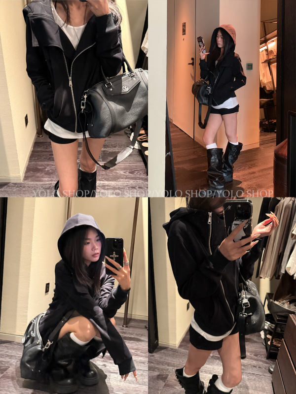 YOLO SHOP 黑色连帽卫衣女修身百搭设计感翻领美式开衫外套上衣|undefined