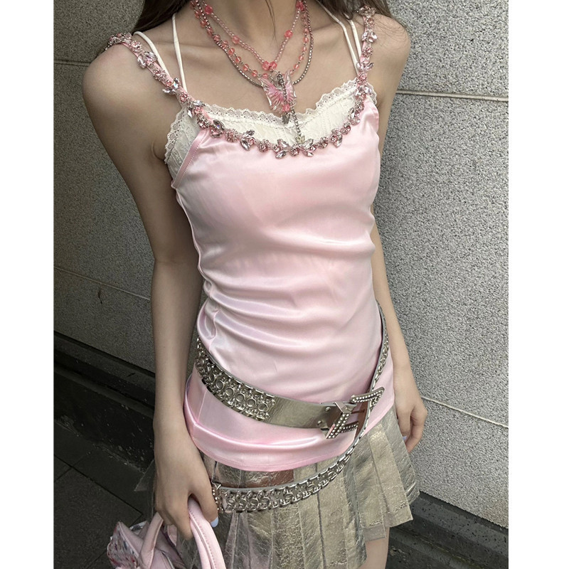 2025年夏の新しいピンクのガーリーハート象嵌ピンク宝石キャミソールは、女の子らしさと愛を保ちます|undefined
