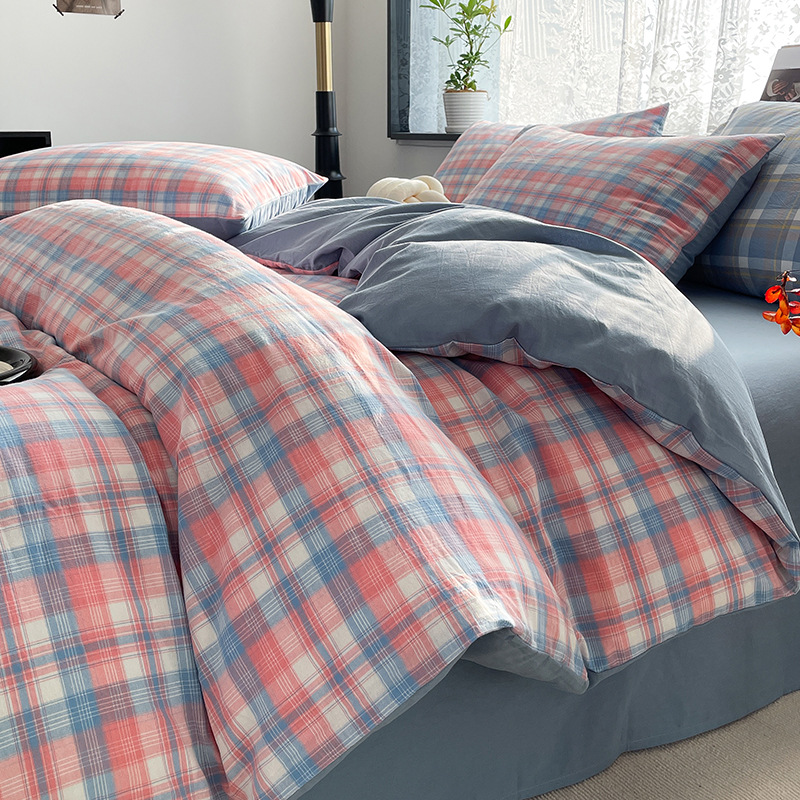 Cama de algodón lavado de algodón de cuatro piezas, sábana de algodón, funda de edredón, dormitorio de estudiantes, ropa de cama de tres piezas, ropa de cama