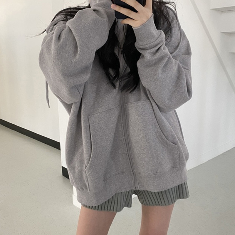 European and American Cross-border Foreign Trade Autumn and Winter Zipper Hooded Sweater Women's Loose Cardigan Top Thickened Fleece-lined Solid Color Jacket European and American Cross-border Foreign Trade Autumn and Winter Zipper Hooded Sweater Women's Loose Cardigan Top Thickened Fleece-lined Solid Color Jacket
