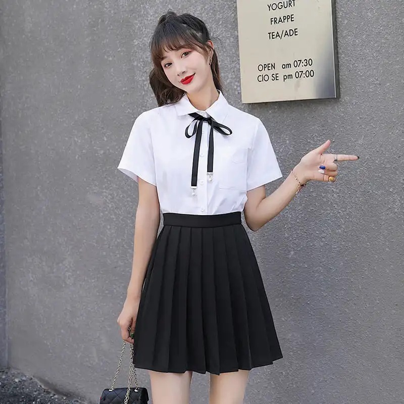 (2개) 원래 JK 솔리드 컬러 스커트 여성 여름 블랙 하이 허리 슬리밍 학생 학업 스타일 짧은 스커트 화이트 톱 세트