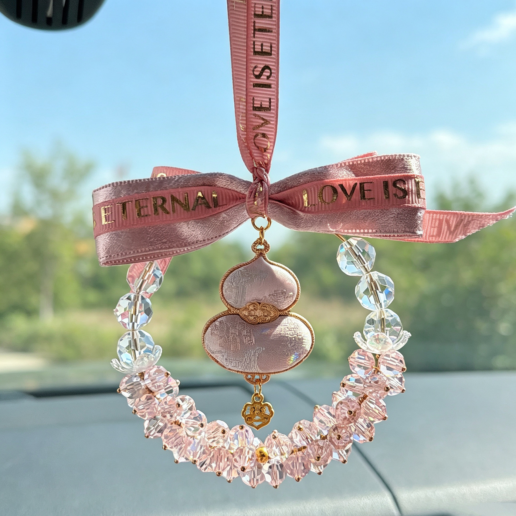 Fulu Car Hanging Ornament with Crystal Gourd and Starry Sky Design for Car Rearview Mirror, Female Driver's Car Interior Decoration