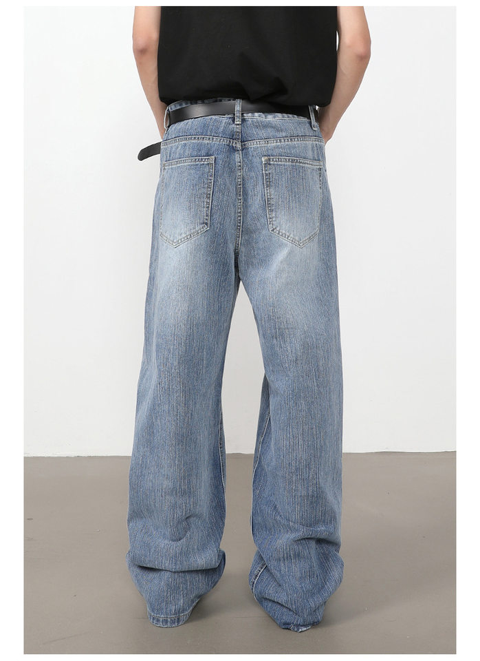 Quần jeans nam ống rộng suông thẳng túi trước họa tiết vân tre — màu xanh chi tiết 6