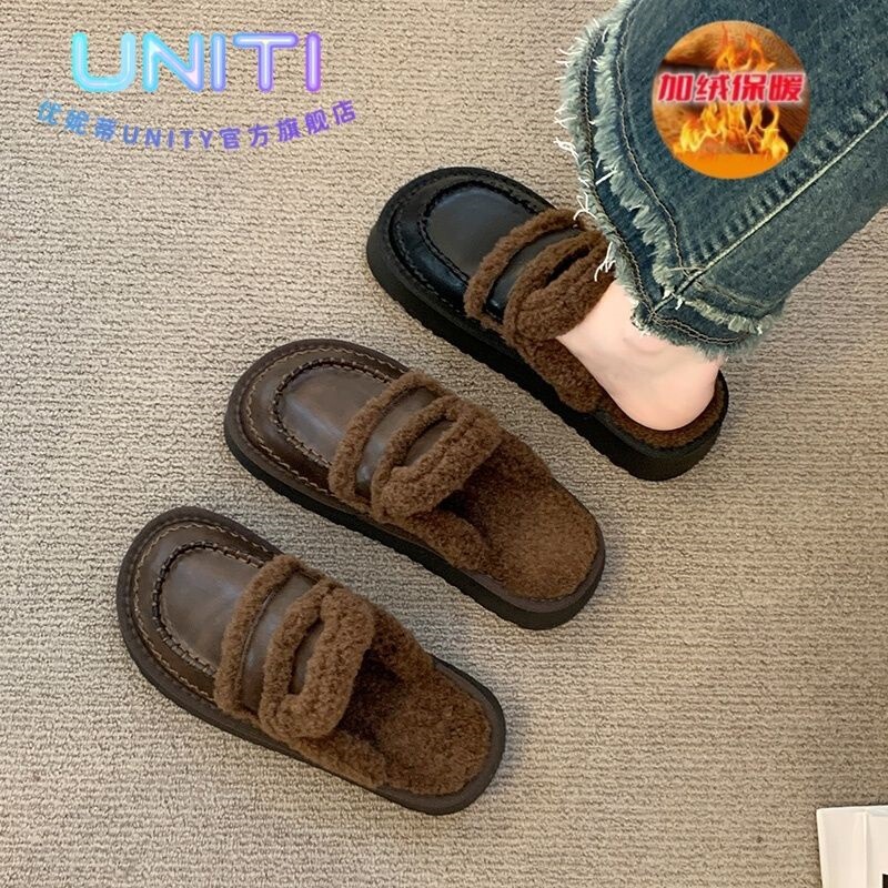 Thick-Soled Birkenstock-Style Women's Outdoor Furry Slippers 2025 New Autumn and Winter Plush Snow Boots Closed-Toe Half Slippers Cotton Slippers