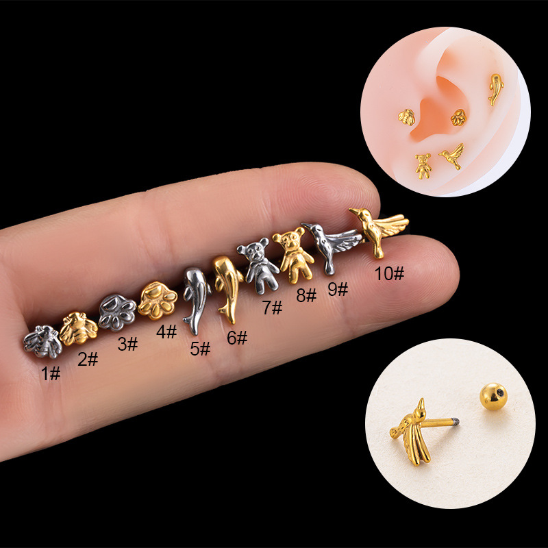 Fashion Bear Bee Stainless Steel Plating Ear Studs 1 Piece