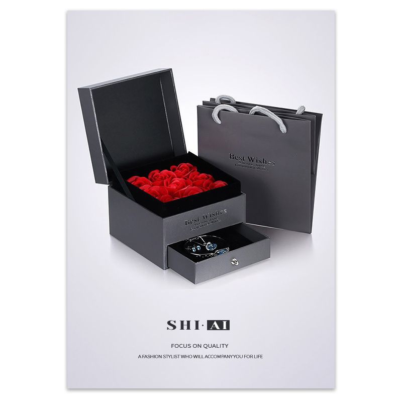 釋愛永生花9朵玫瑰花禮盒 創意雙層抽屜項鏈戒指首飾盒情人節禮盒