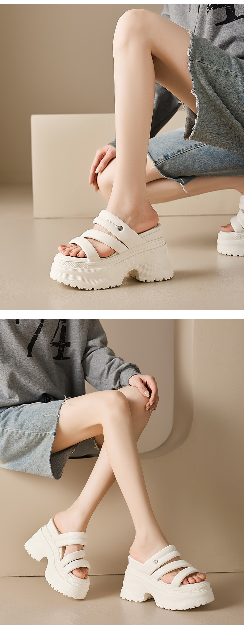 Dép sandal nữ quai chữ V đế dày da thật mùa hè, tăng chiều cao, xỏ ngón tiện lợi — màu đen, Trắng kem- chi tiết 6
