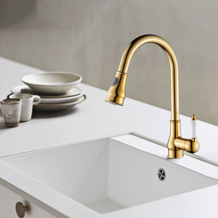 All-copper golden kitchen pull-out faucet hot and cold dish sink sink French retro retractable household faucet
