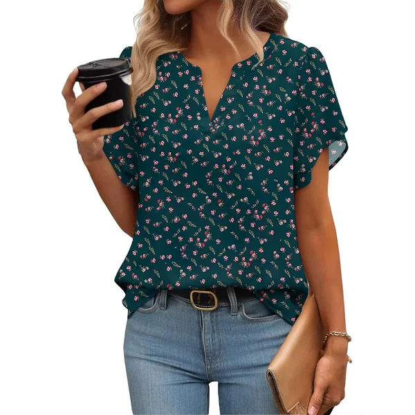 European and American Foreign Trade Cross-Border Summer New Women's V-Neck Short-Sleeved Chiffon Shirt Floral Work Casual Top