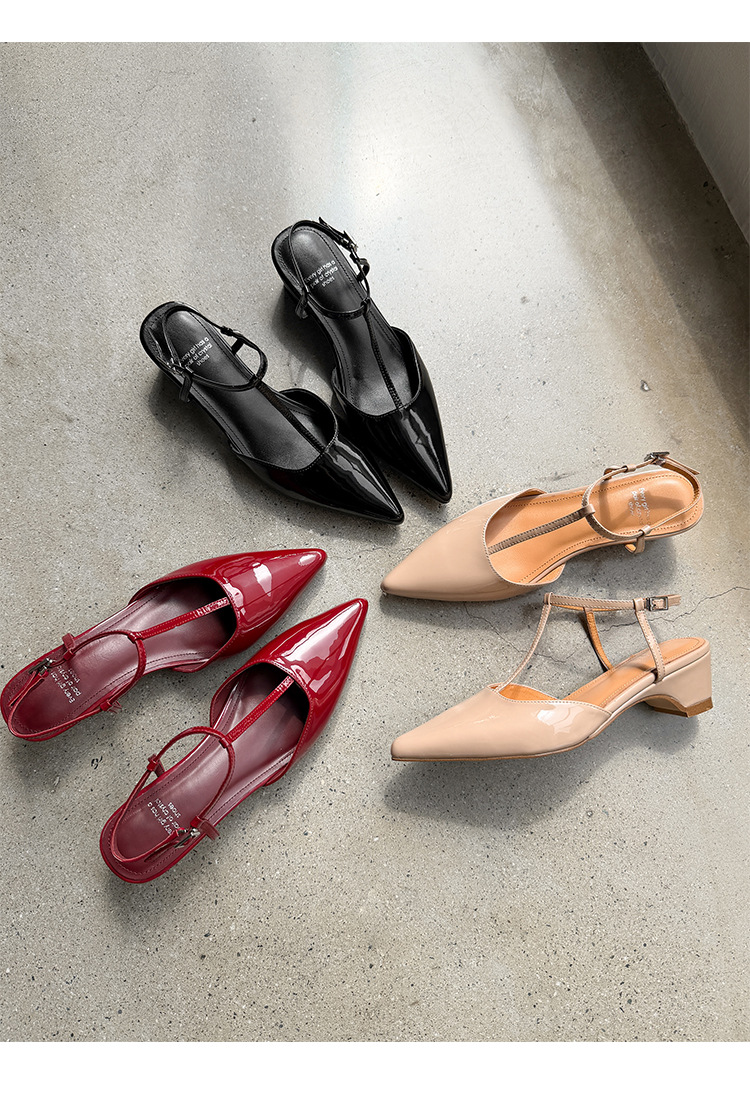 Sandal nữ mũi nhọn da bò sơn mài quai T khóa, gót 4.5 cm, phong cách Hàn Quốc — đen chi tiết 38