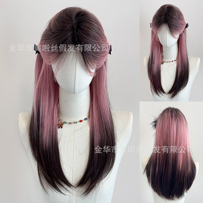 Cross-Border Hot-Selling Pink Siamese Cat Wig for Women with Long Hair, Dyed Pink Gradient Black Long Straight Hair, Realistic Full Wig Cross-Border Hot-Selling Pink Siamese Cat Wig for Women with Long Hair, Dyed Pink Gradient Black Long Straight Hair, Realistic Full Wig