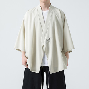 Men's summer thin Chinese-style crossbody robe loose plus size New Chinese Zen Ju Shi Hanfu shirt short sleeve men