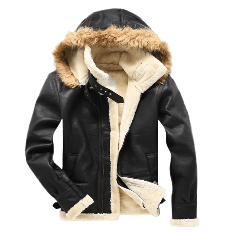 European and American winter men's hooded coat Amazon personality belt buckle fur edge imitation leather velvet men's coat fur integrated