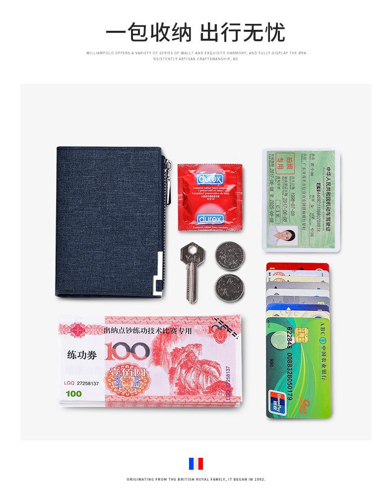 Ví nam gập mini Emperor Paul vải canvas siêu mỏng đựng thẻ và tiền xu chi tiết 10
