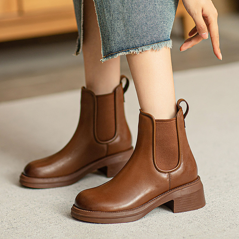 [Special Offer] British Style Genuine Leather Cylinder Boots Trendy Chunky Heel Chelsea Boots Thick Sole Vintage Cowhide Ankle Boots