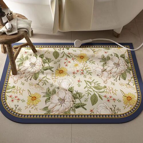 American-style floral diatomaceous earth mat for home use, bathroom and toilet door, fresh flower pattern, anti-slip and water-absorbent foot mat