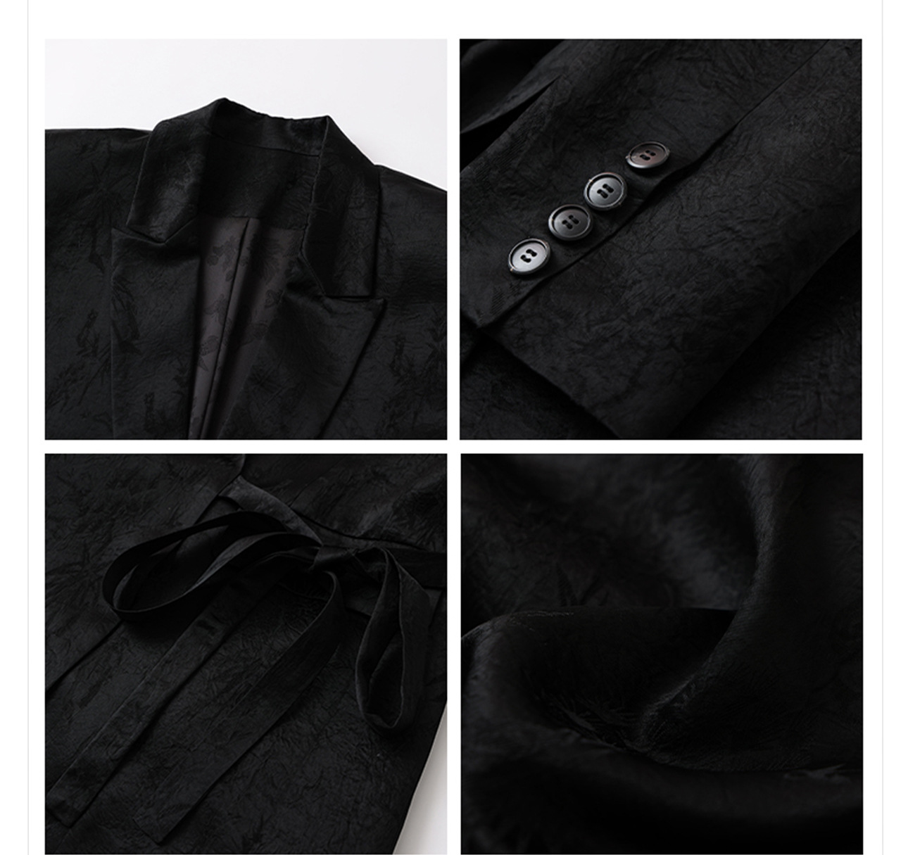 Áo khoác blazer nữ phong cách Trung Hoa cao cấp, chất liệu acetate in họa tiết dân tộc, buộc dây trước — đen, Màu cà phê chi tiết 7