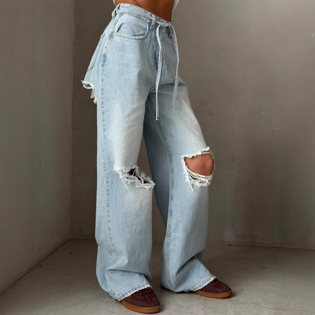 2025 새로운 유럽과 미국의 대외 무역 느슨한 라이트 블루 스트레이트 바지 여성 여름 데님 넓은 다리 바지 찢어진 마이크로 청바지