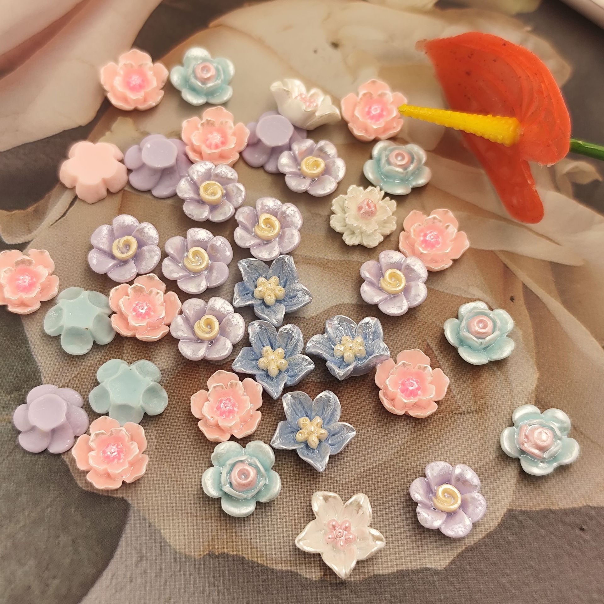 五色花中国风山茶花美甲玫瑰花饰品光面珍珠漆大小莲花仙女树脂钻
