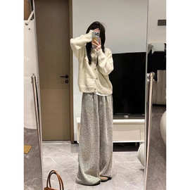 慵懒松弛感斜条纹阔腿休闲裤女2024秋冬季高腰垂感直筒拖地长裤子